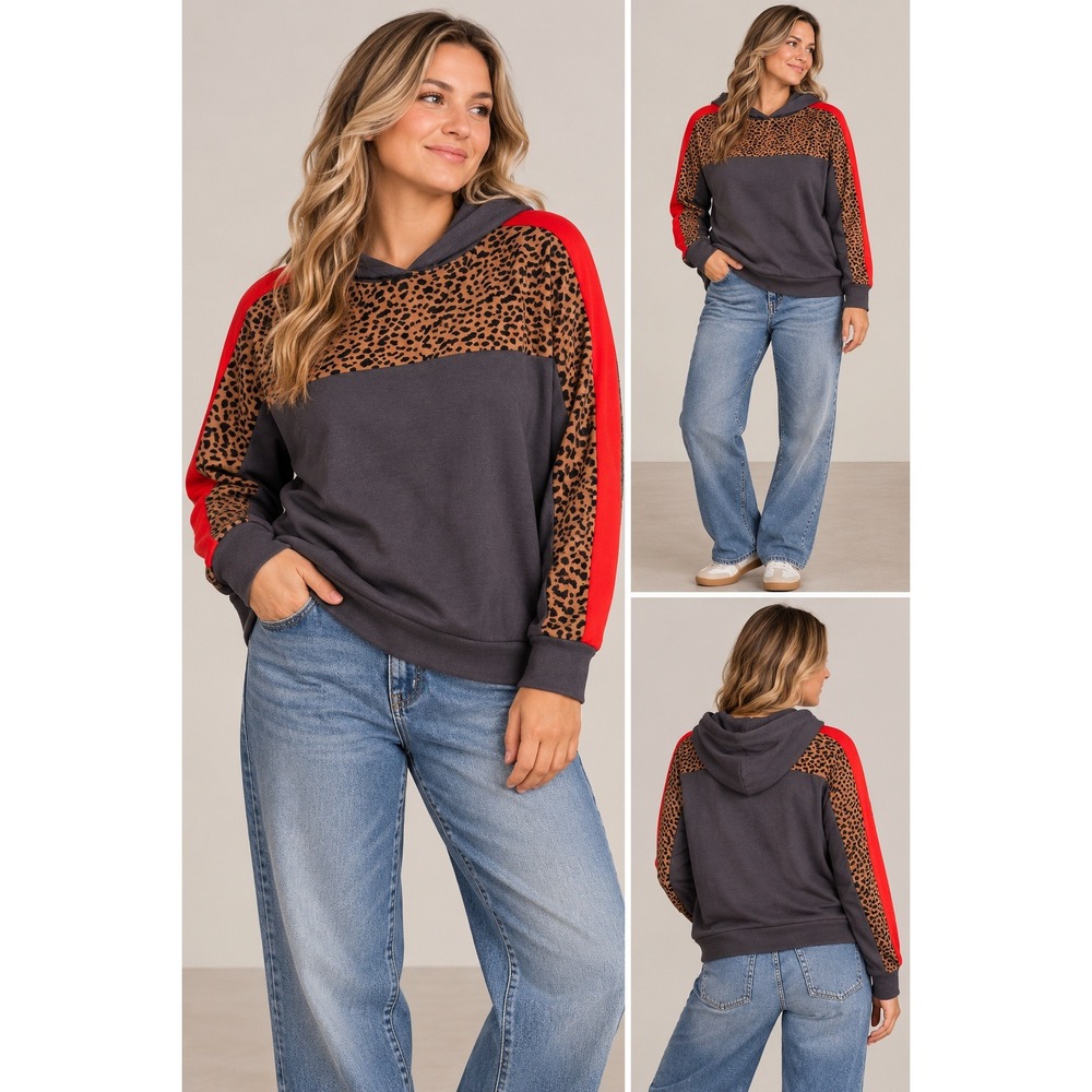 Monrow Womens Leopard Print Oversized Colorblock Hoodie Charcoal Red XS